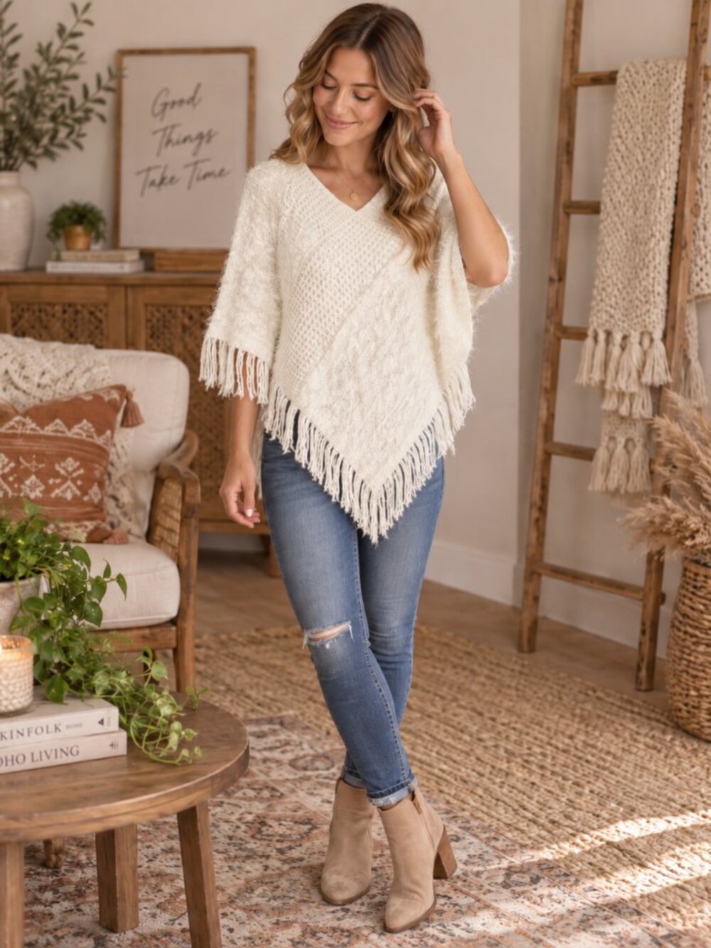 2 Chic Women’s Ivory Fuzzy Knit Poncho Fringe Boho Sweater Cape NWT